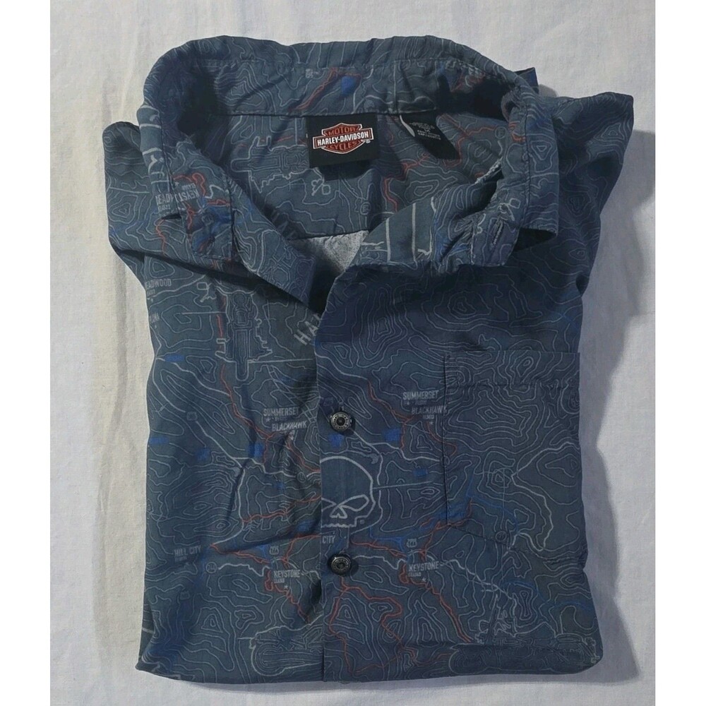 Harley-Davidson Mens Medium Blue Short Sleeve Skull Graphic Button-Up
